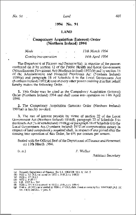 The Compulsory Acquisition (Interest) Order (Northern Ireland) 1994