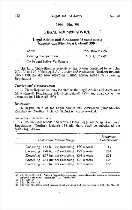 The Legal Advice and Assistance (Amendment) Regulations (Northern Ireland) 1994
