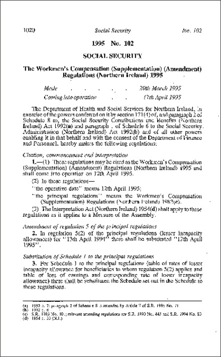 The Workmen's Compensation (Supplementation) (Amendment) Regulations (Northern Ireland) 1995