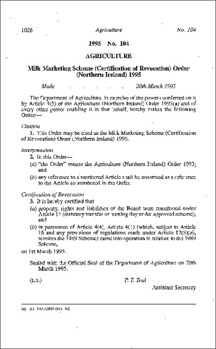 The Milk Marketing Scheme (Certification of Revocation) Order (Northern Ireland) 1995