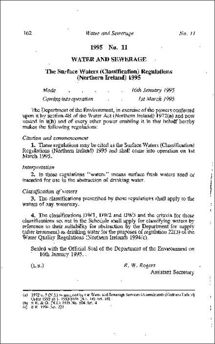 The Surface Waters (Classification) Regulations (Northern Ireland) 1995