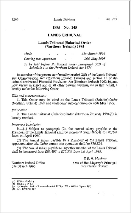 The Lands Tribunal (Salaries) Order (Northern Ireland) 1995