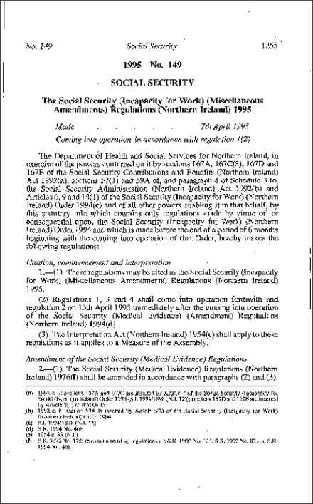 The Social Security (Incapacity for Work) (Miscellaneous Amendment) Regulations (Northern Ireland) 1995