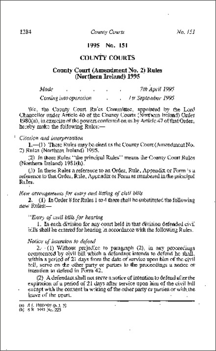 The County Court (Amendment No. 2) Rules (Northern Ireland) 1995