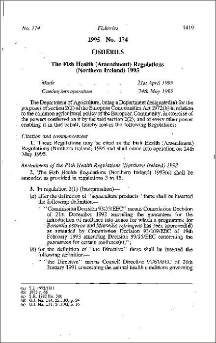 The Fish Health (Amendment) Regulations (Northern Ireland) 1995