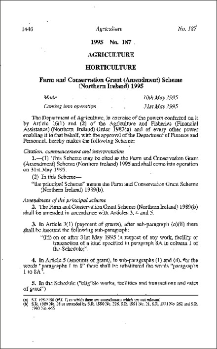 The Farm and Conservation Grant (Amendment) Scheme (Northern Ireland) 1995