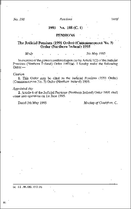 The Judicial Pensions (1991 Order) (Commencement No. 3) Order (Northern Ireland) 1995
