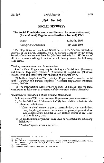 The Social Fund (Maternity and Funeral Expenses) (General) (Amendment) Regulations (Northern Ireland) 1995