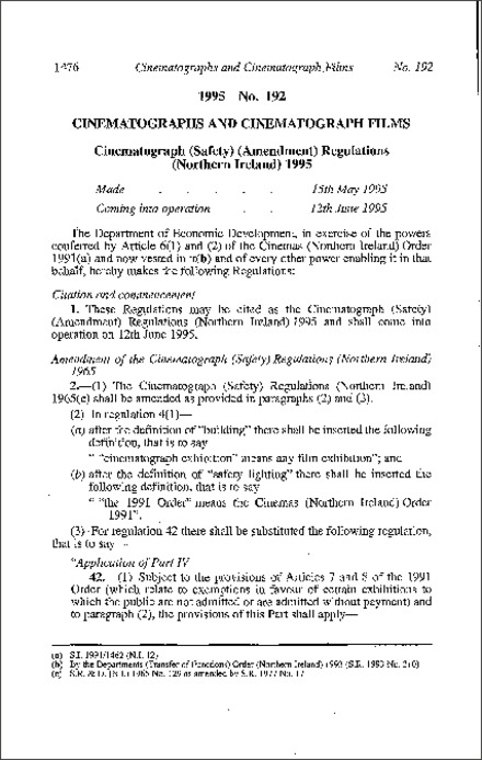 The Cinematograph (Safety) (Amendment) Regulations (Northern Ireland) 1995