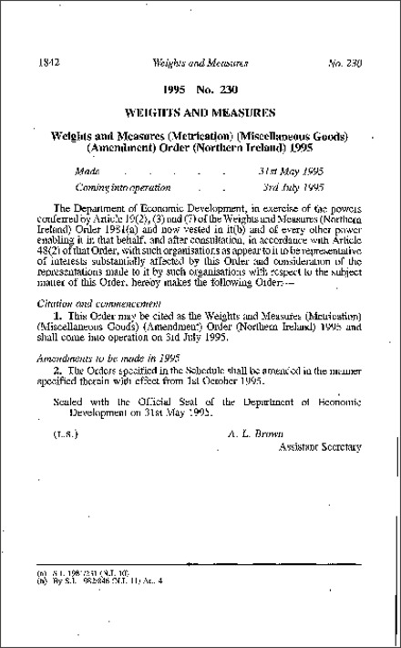 The Weights and Measures (Metrication) (Miscellaneous Goods) (Amendment) Order (Northern Ireland) 1995