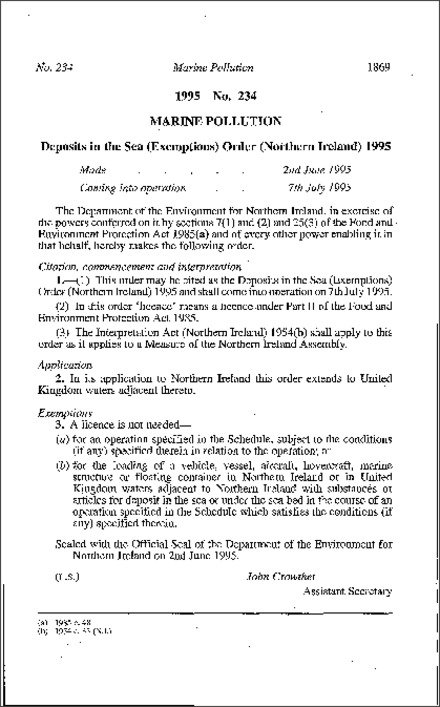 The Deposits in the Sea (Exemptions) Order (Northern Ireland) 1995