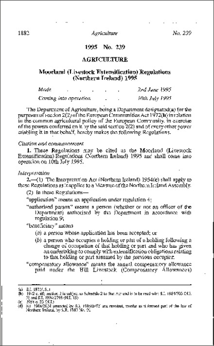 The Moorland (Livestock Extensification) Regulations (Northern Ireland) 1995