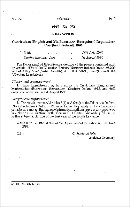 The Curriculum (English and Mathematics) (Exceptions) Regulations (Northern Ireland) 1995