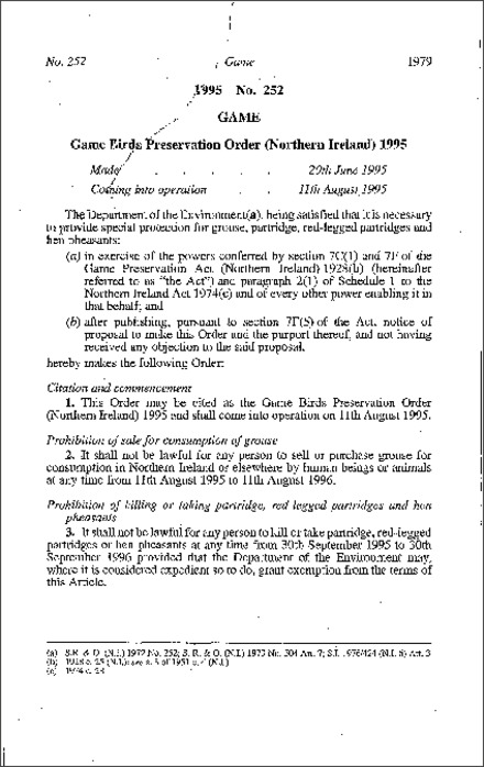 The Game Birds Preservation Order (Northern Ireland) 1995