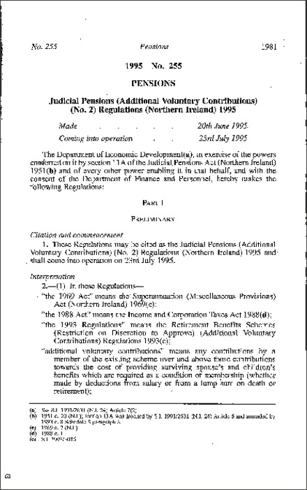 The Judicial Pensions (Additional Voluntary Contributions) (No. 2) Regulations (Northern Ireland) 1995