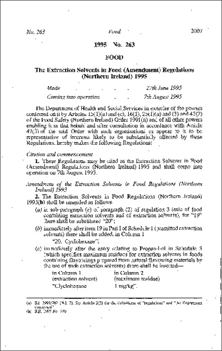 The Extraction Solvents in Food (Amendment) Regulations (Northern Ireland) 1995