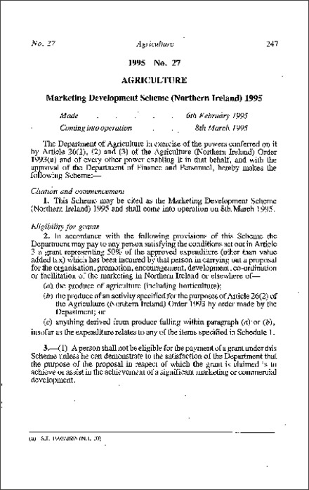 The Marketing Development Scheme (Northern Ireland) 1995