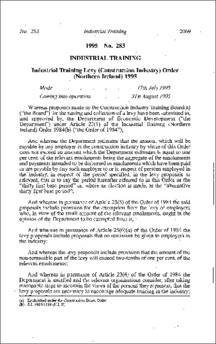 The Industrial Training Levy (Construction Industry) Order (Northern Ireland) 1995