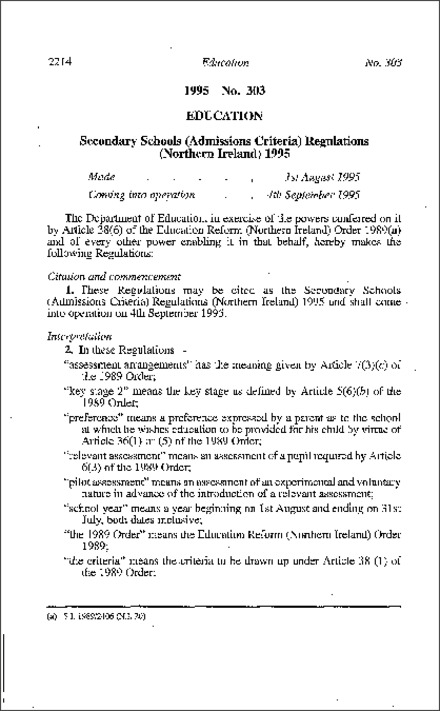 The Secondary Schools (Admissions Criteria) Regulations (Northern Ireland) 1995