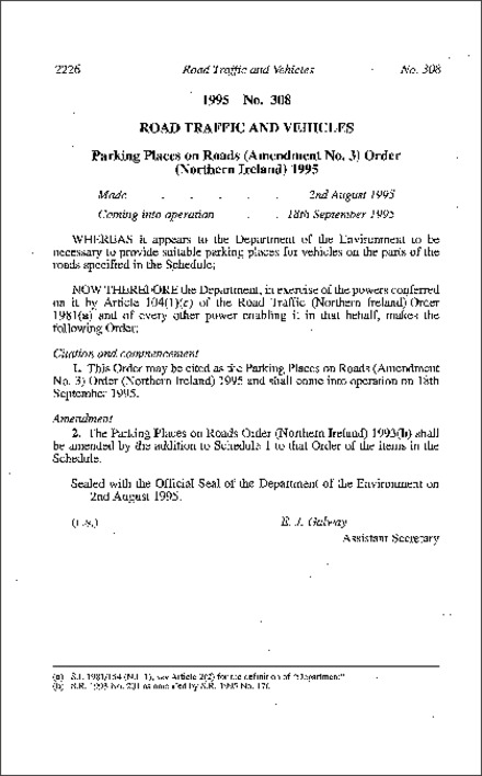 The Parking Places on Roads (Amendment No. 3) Order (Northern Ireland) 1995