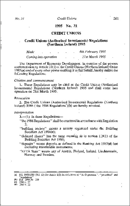 The Credit Unions (Authorised Investments) Regulations (Northern Ireland) 1995