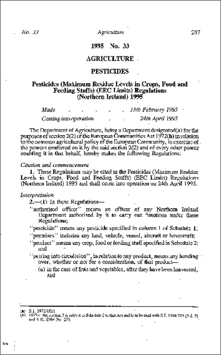 The Pesticides (Maximum Residue Levels in Crops, Food and Feeding Stuffs) (EEC Limits) Regulations (Northern Ireland) 1995