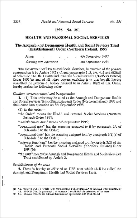 The Armagh and Dungannon Health and Social Services Trust (Establishment) Order (Northern Ireland) 1995