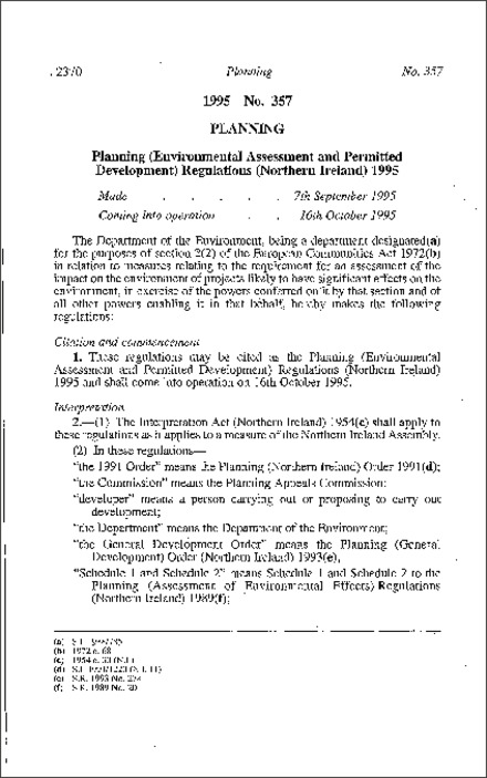 The Planning (Environmental Assessment and Permitted Development) Regulations (Northern Ireland) 1995