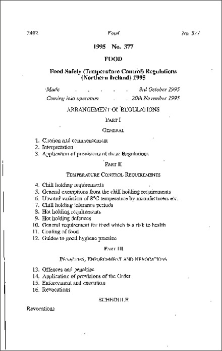 The Food Safety (Temperature Control) Regulations (Northern Ireland) 1995