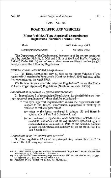 The Motor Vehicles (Type Approval) (Amendment) Regulations (Northern Ireland) 1995