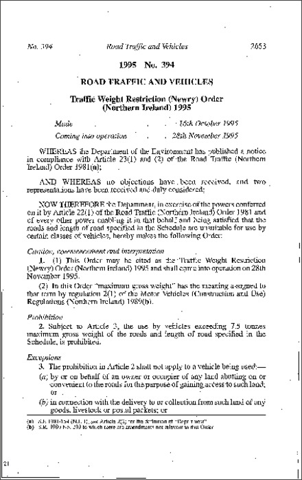 The Traffic Weight Restriction (Newry) Order (Northern Ireland) 1995