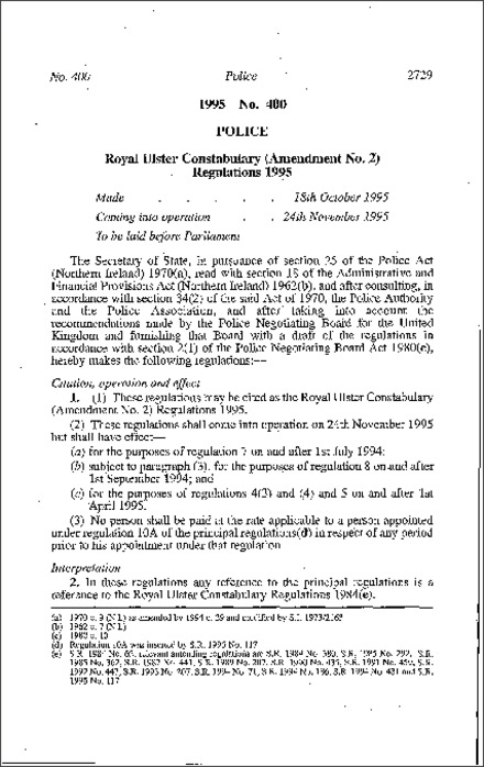 The Royal Ulster Constabulary (Amendment No. 2) Regulations (Northern Ireland) 1995