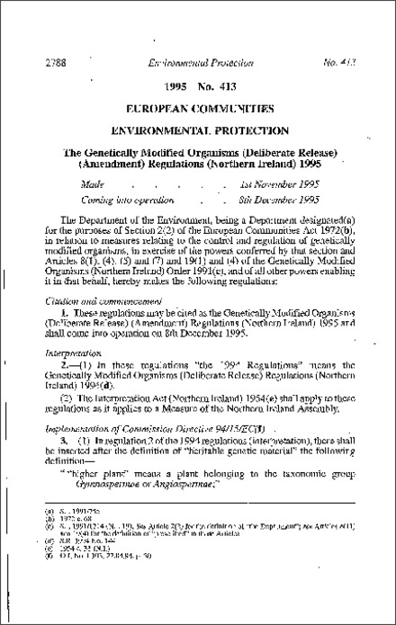 The Genetically Modified Organisms (Deliberate Release) (Amendment) Regulations (Northern Ireland) 1995
