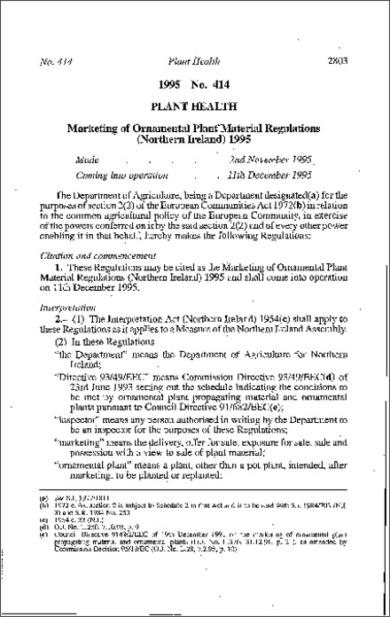 The Marketing of Ornamental Plant Material Regulations (Northern Ireland) 1995
