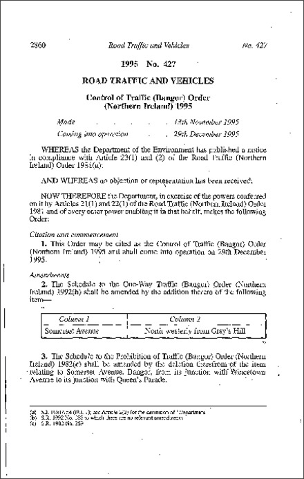The Control of Traffic (Bangor) Order (Northern Ireland) 1995