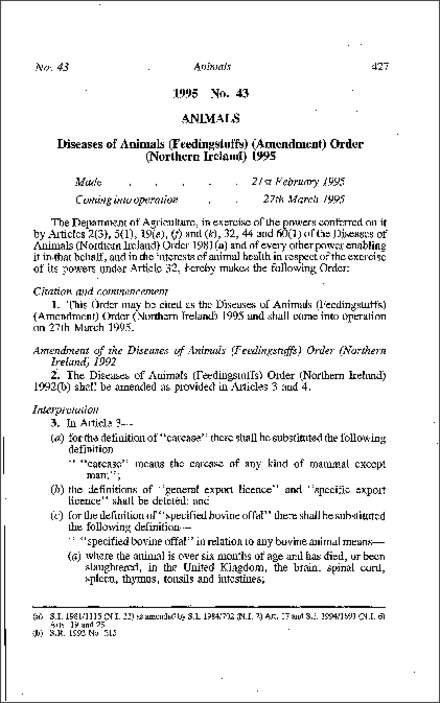 The Diseases of Animals (Feedingstuffs) (Amendment) Order (Northern Ireland) 1995