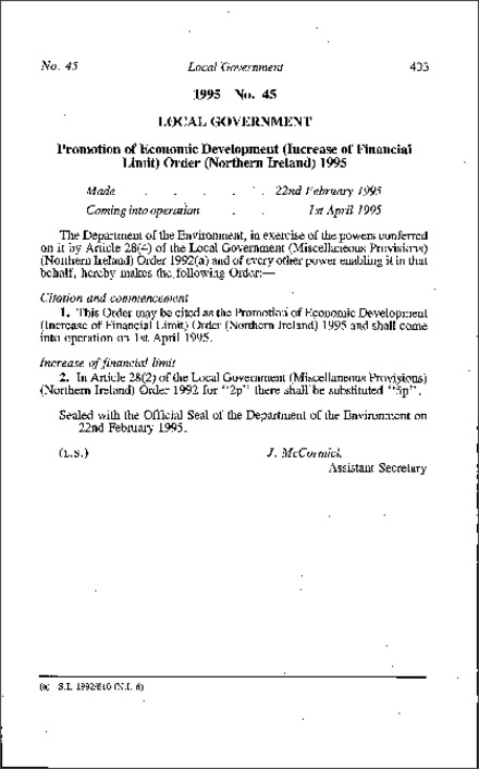 The Promotion of Economic Development (Increase of Financial Limit) Order (Northern Ireland) 1995