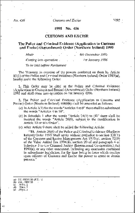 The Police and Criminal Evidence (Application to Customs and Excise) (Amendment) Order (Northern Ireland) 1995