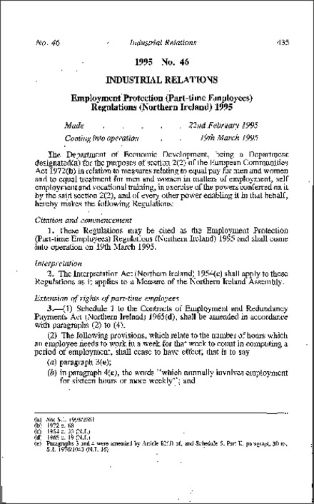 The Employment Protection (Part-time Employees) Regulations (Northern Ireland) 1995