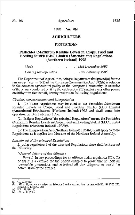 The Pesticides (Maximum Residue Levels in Crops, Food and Feeding Stuffs) (EEC Limits) (Amendment) Regulations (Northern Ireland) 1995