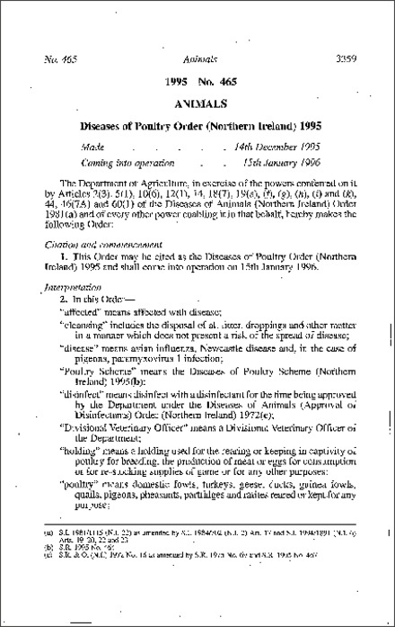 The Diseases of Poultry Order (Northern Ireland) 1995