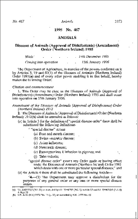The Diseases of Animals (Approval of Disinfectants) (Amendment) Order (Northern Ireland) 1995