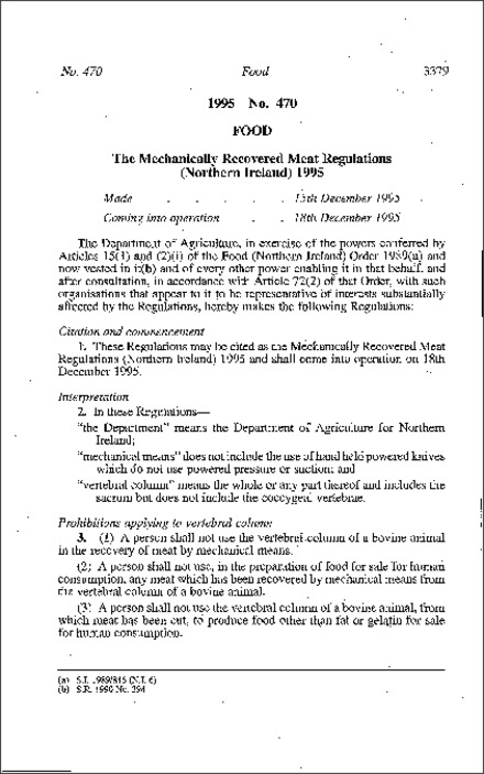 The Mechanically Recovered Meat Regulations (Northern Ireland) 1995