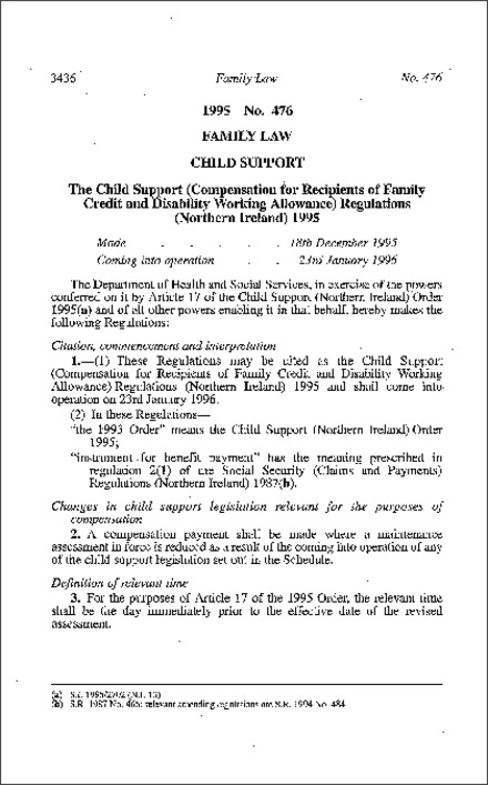 The Child Support (Compensation for Recipients of Family Credit and Disability Working Allowance) Regulations (Northern Ireland) 1995