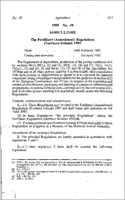 The Fertilisers (Amendment) Regulations (Northern Ireland) 1995