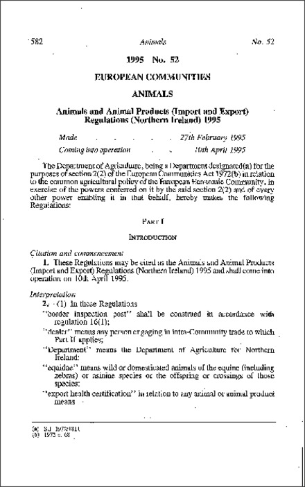 The Animals and Animal Products (Import and Export) Regulations (Northern Ireland) 1995