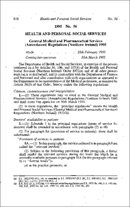 The General Medical and Pharmaceutical Services (Amendment) Regulations (Northern Ireland) 1995