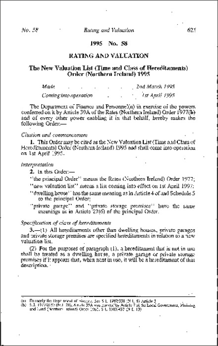 The New Valuation List (Time and Class of Hereditaments) Order (Northern Ireland) 1995