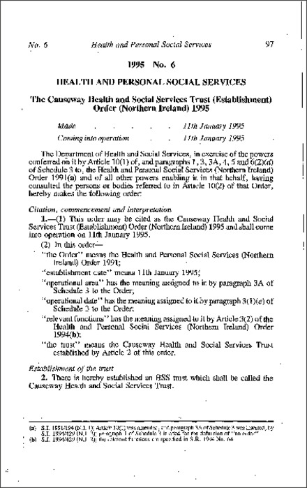 The Causeway Health and Social Services Trust (Establishment) Order (Northern Ireland) 1995