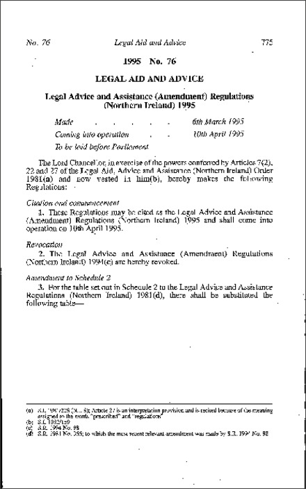 The Legal Advice and Assistance (Amendment) Regulations (Northern Ireland) 1995